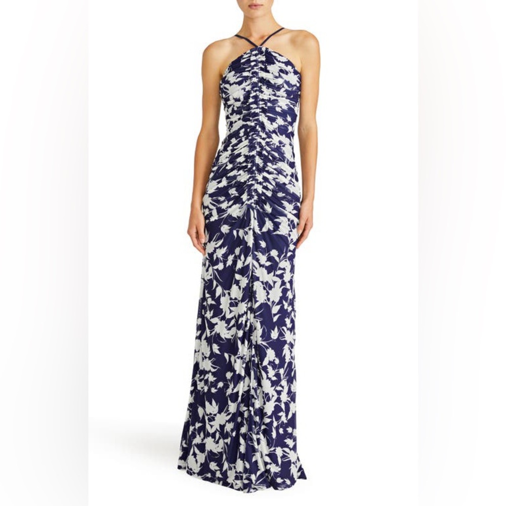 ML MONIQUE LHUILLIER
Giuliana Ruched Sleeveless Mesh Gown in Indigo Botanical